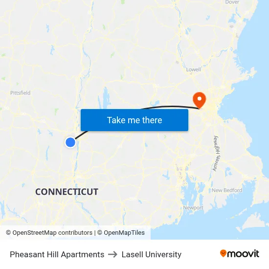 Pheasant Hill Apartments to Lasell University map