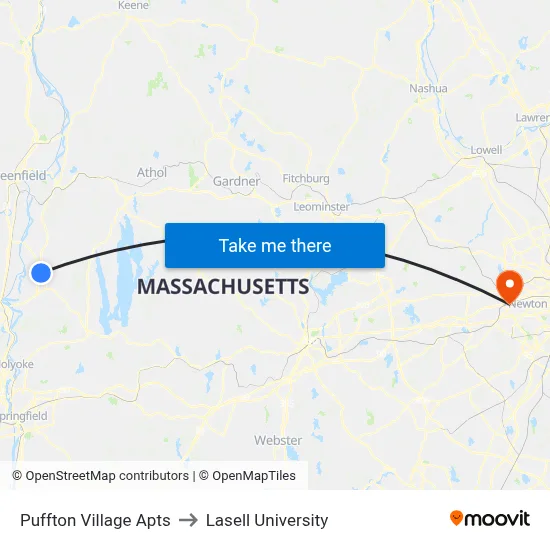 Puffton Village Apts to Lasell University map