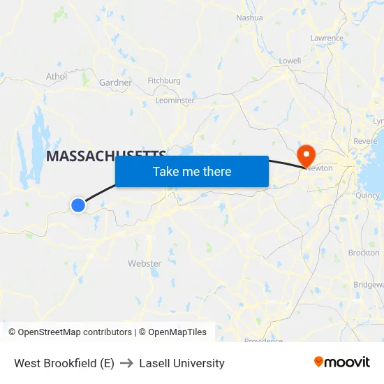 West Brookfield (E) to Lasell University map