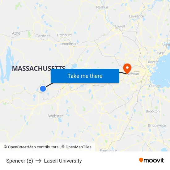 Spencer (E) to Lasell University map