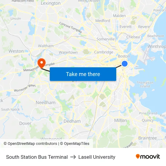 South Station Bus Terminal to Lasell University map