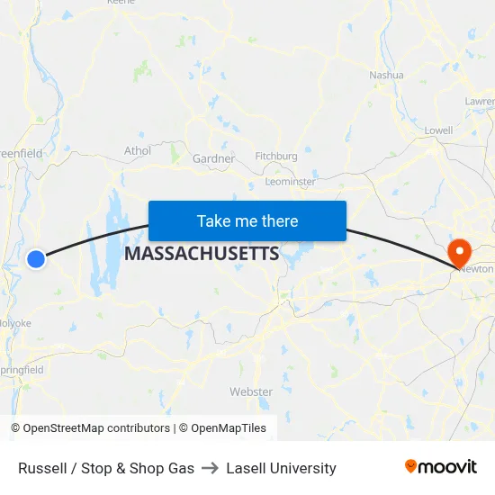 Russell / Stop & Shop Gas to Lasell University map