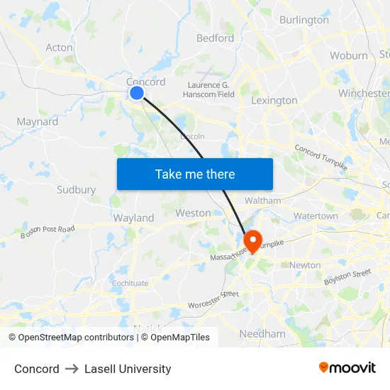 Concord to Lasell University map