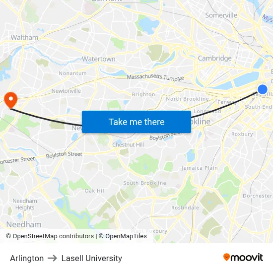 Arlington to Lasell University map