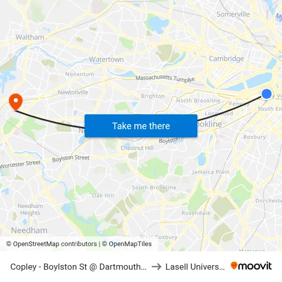 Copley - Boylston St @ Dartmouth St to Lasell University map