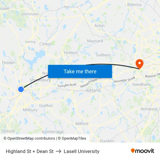 Highland St + Dean St to Lasell University map