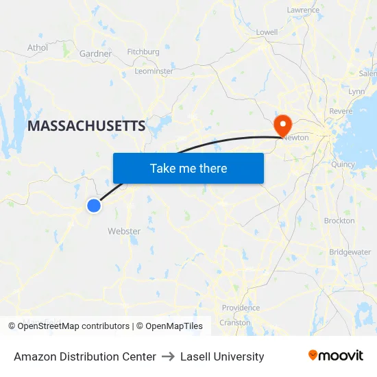 Amazon Distribution Center to Lasell University map