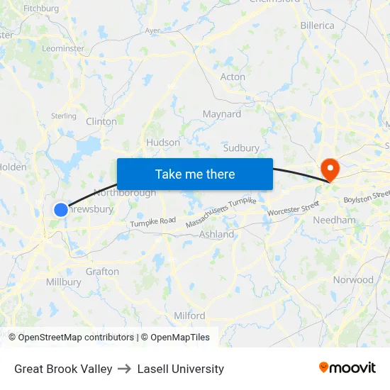 Great Brook Valley to Lasell University map