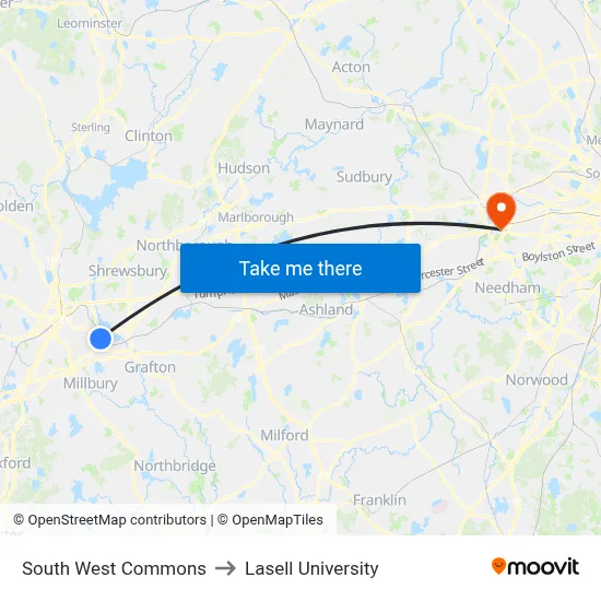 South West Commons to Lasell University map