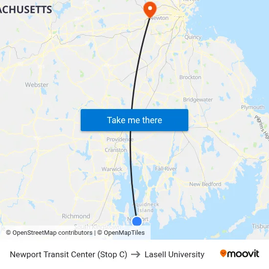 Newport Transit Center (Stop C) to Lasell University map