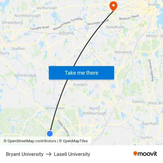 Bryant University to Lasell University map