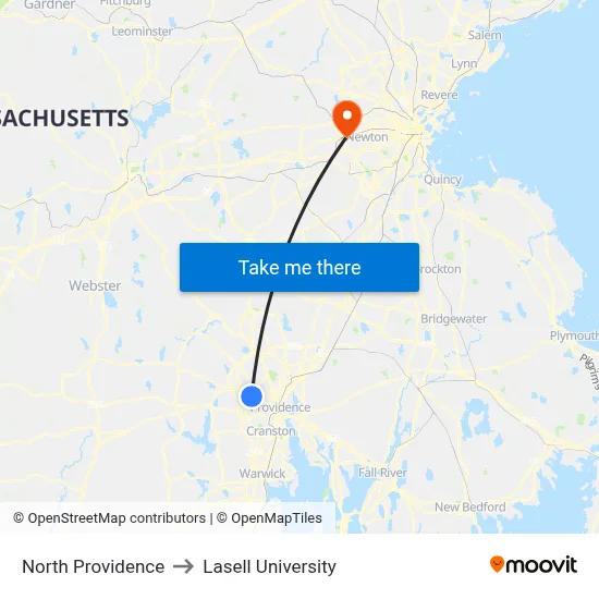North Providence to Lasell University map