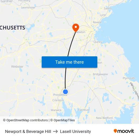 Newport & Beverage Hill to Lasell University map