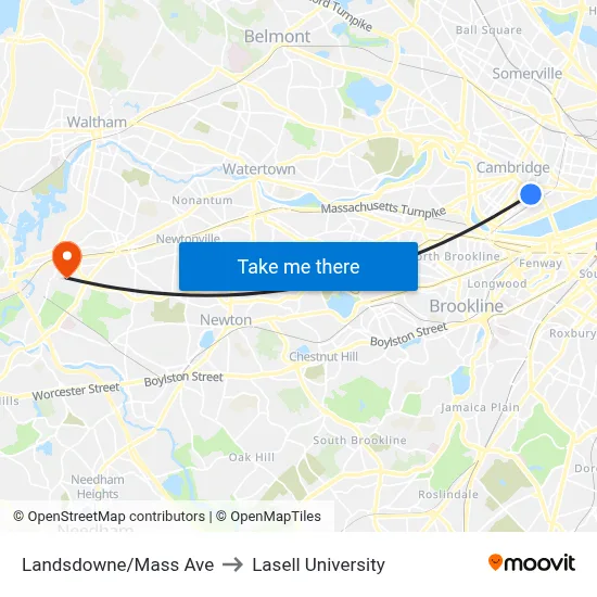 Landsdowne/Mass Ave to Lasell University map