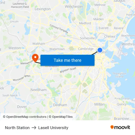 North Station to Lasell University map