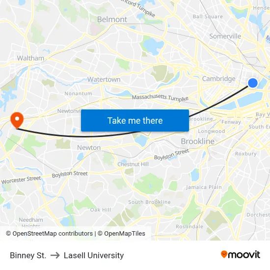 Binney St. to Lasell University map