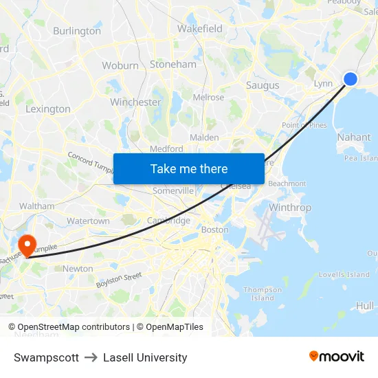 Swampscott to Lasell University map
