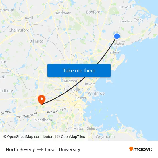 North Beverly to Lasell University map
