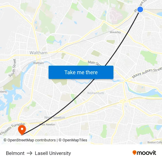 Belmont to Lasell University map