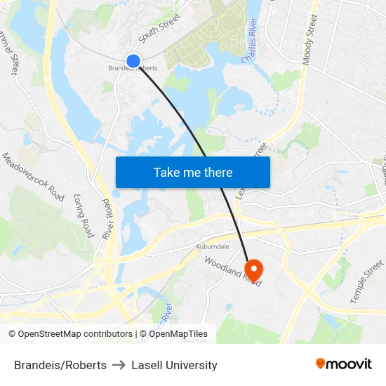 Brandeis/Roberts to Lasell University map