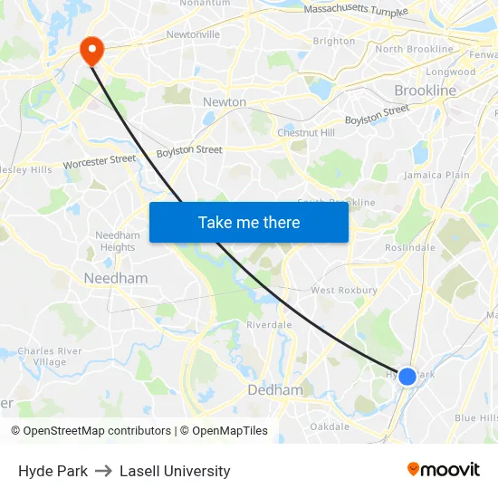 Hyde Park to Lasell University map