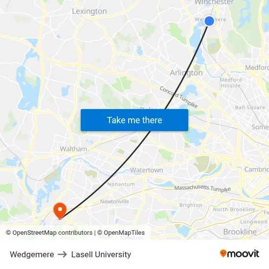 Wedgemere to Lasell University map
