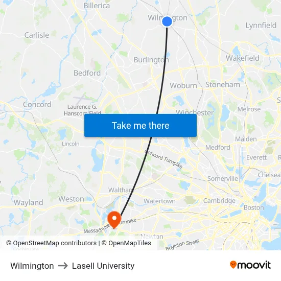 Wilmington to Lasell University map