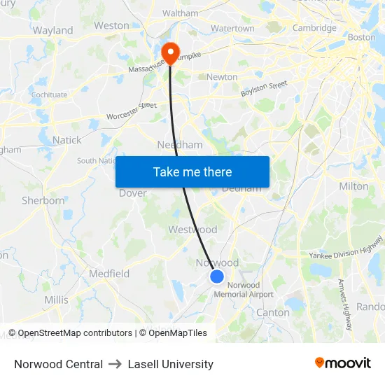 Norwood Central to Lasell University map
