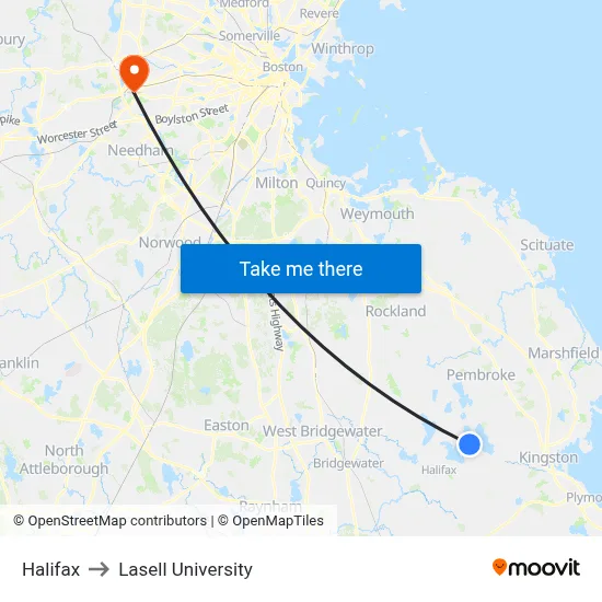 Halifax to Lasell University map