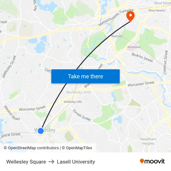 Wellesley Square to Lasell University map