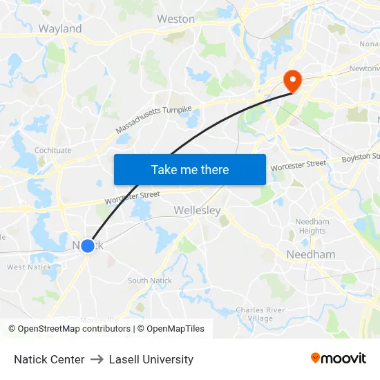 Natick Center to Lasell University map
