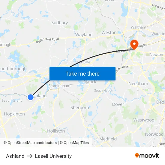 Ashland to Lasell University map