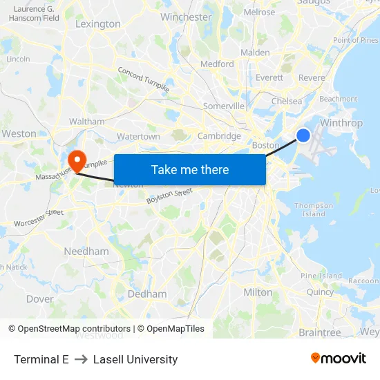 Terminal E to Lasell University map