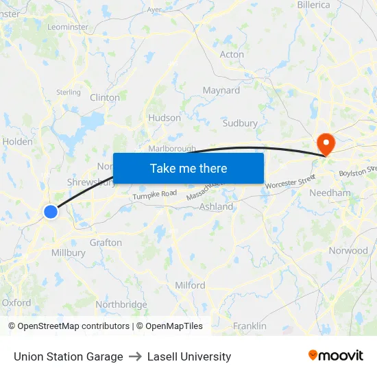 Union Station Garage to Lasell University map