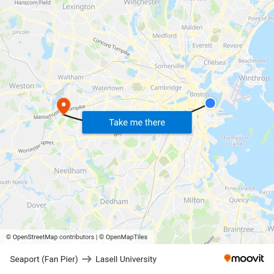 Seaport (Fan Pier) to Lasell University map