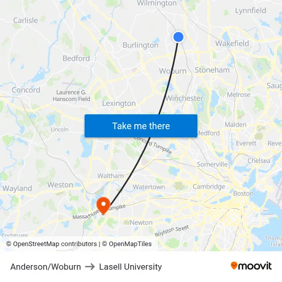 Anderson/Woburn to Lasell University map