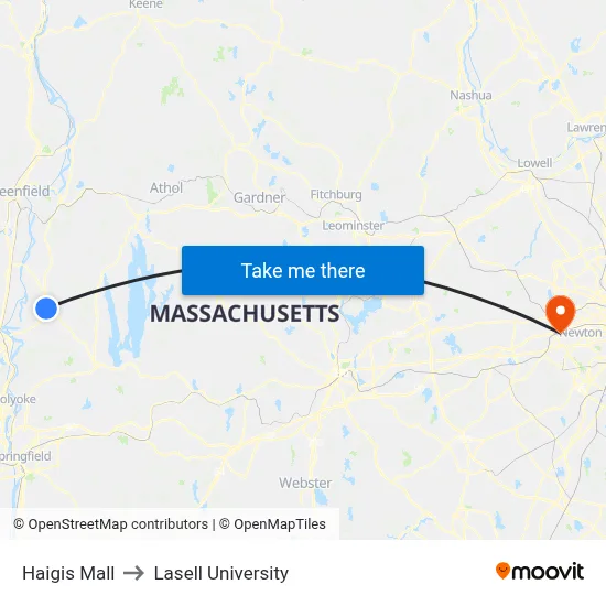 Haigis Mall to Lasell University map