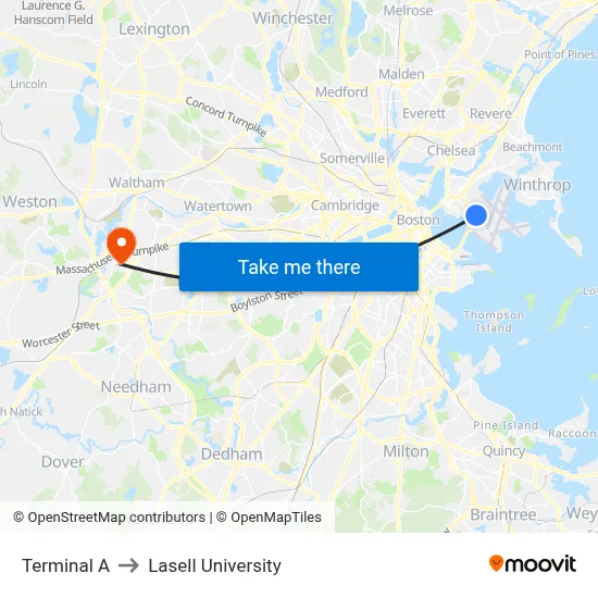 Terminal A to Lasell University map