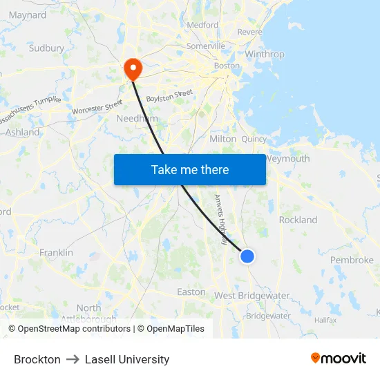 Brockton to Lasell University map