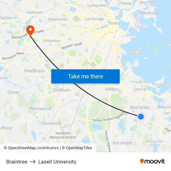 Braintree to Lasell University map