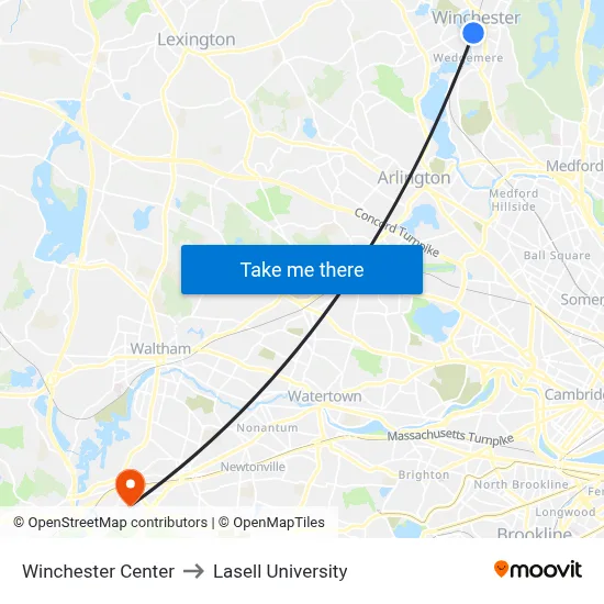 Winchester Center to Lasell University map