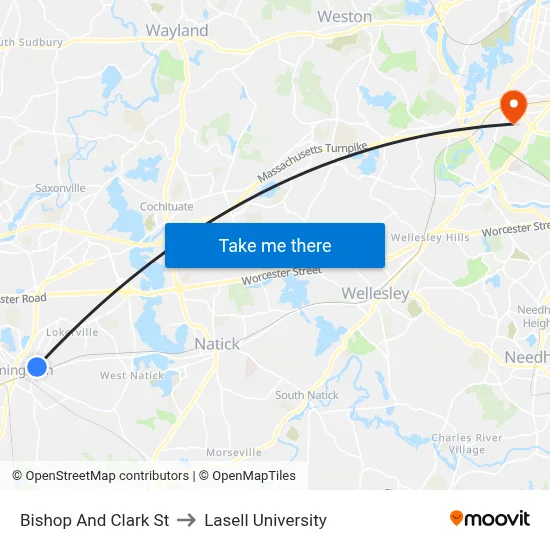 Bishop And Clark St to Lasell University map