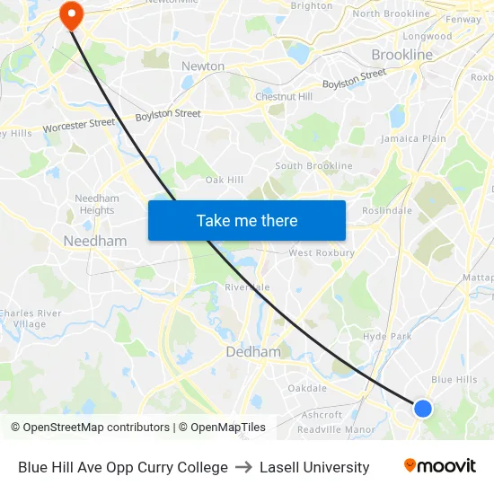 Blue Hill Ave Opp Curry College to Lasell University map