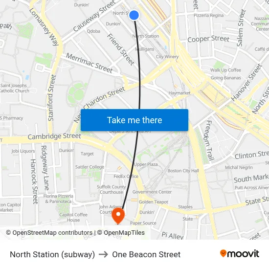 North Station (subway) to One Beacon Street map