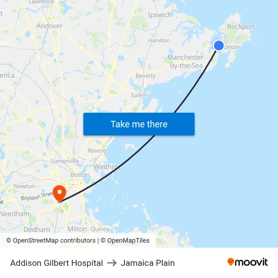Addison Gilbert Hospital to Jamaica Plain map