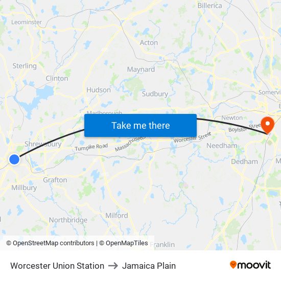 Worcester Union Station to Jamaica Plain map