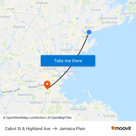 Cabot St & Highland Ave to Jamaica Plain map