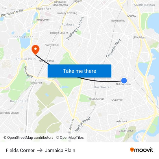 Fields Corner to Jamaica Plain map