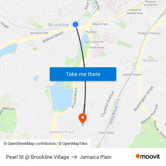 Pearl St @ Brookline Village to Jamaica Plain map