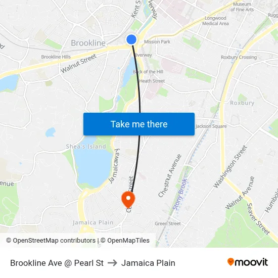 Brookline Ave @ Pearl St to Jamaica Plain map